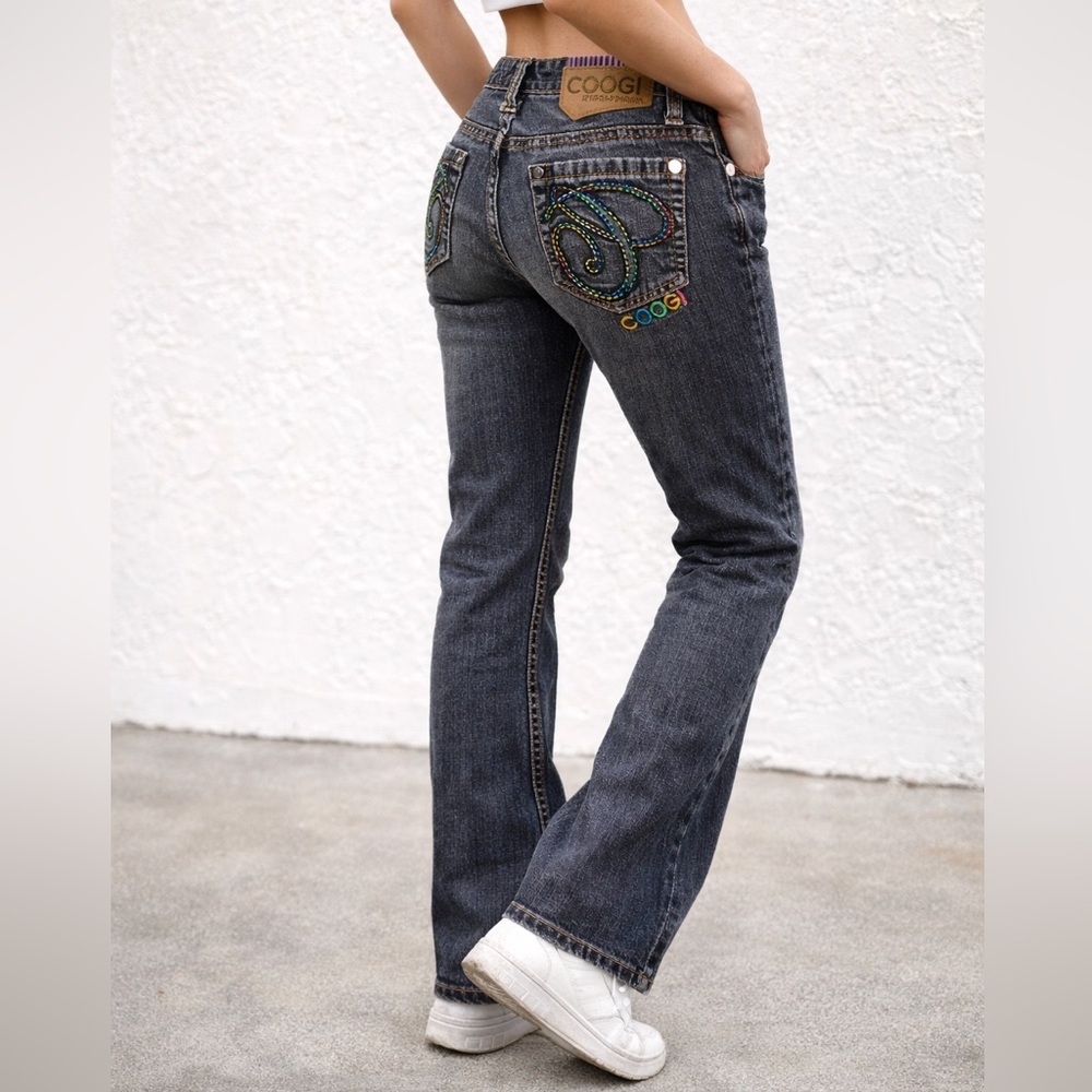Vintage Coogi Jeans Y2K Embroidered Rainbow Stitch Low Rise Flare Denim‎ Sz 5